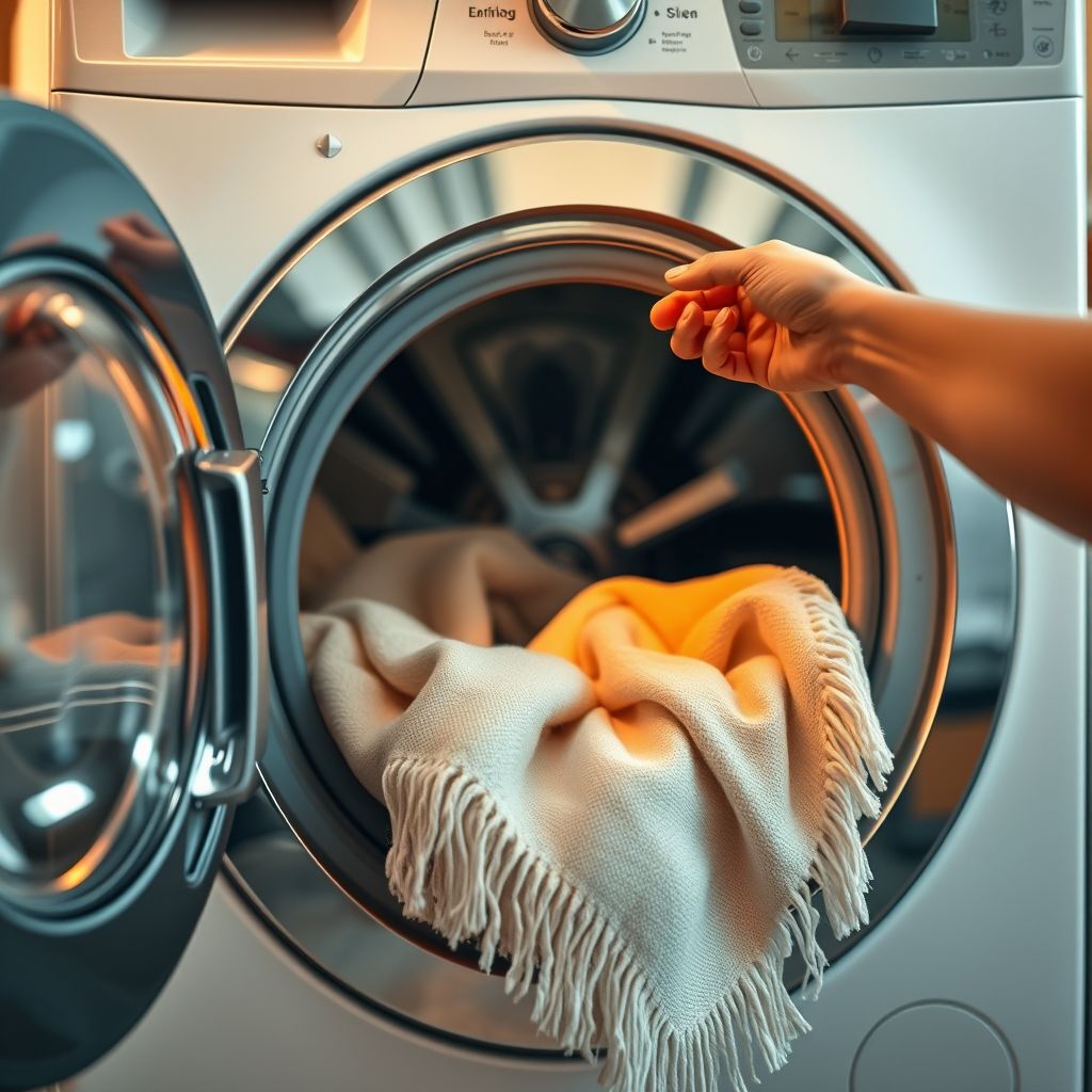 Une main saisit délicatement une couverture douce à franges depuis un lave-linge moderne, la porte circulaire ouverte laissant entrevoir le tissu propre. La scène se déroule dans un intérieur lumineux, évoquant confort et soin domestique. Ce moment capture la routine agréable des tâches ménagères, mêlant fonctionnalité et chaleur.