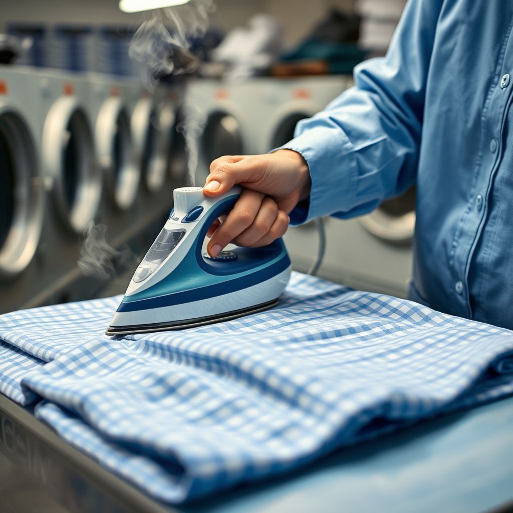 Une main saisit la poignée d'un fer à vapeur traditionnel, pressant avec assurance une chemise à carreaux bleue bien étalée, le tissu lisse brillant sous la vapeur. L'arrière-plan reflète une blanchisserie animée, avec un éclairage doux mettant en valeur l'action minutieuse. La personne porte un uniforme bleu clair, évoquant un cadre professionnel, soulignant le soin et la précision apportés. La scène transmet une atmosphère tranquille et concentrée, illustrant l'art de repasser parfaitement les vêtements.
