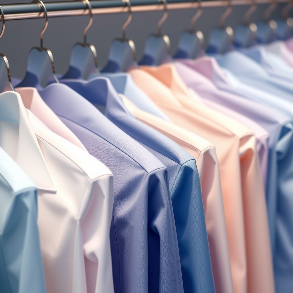 Une rangée de chemises élégamment disposées et protégées par des housses transparentes, présentant une palette de couleurs allant du bleu clair aux pastels subtils. Les chemises sont impeccablement repassées, avec des lignes nettes et des textures invitantes. L'éclairage doux met en valeur l'organisation et la qualité professionnelle typique d'un pressing haut de gamme.
