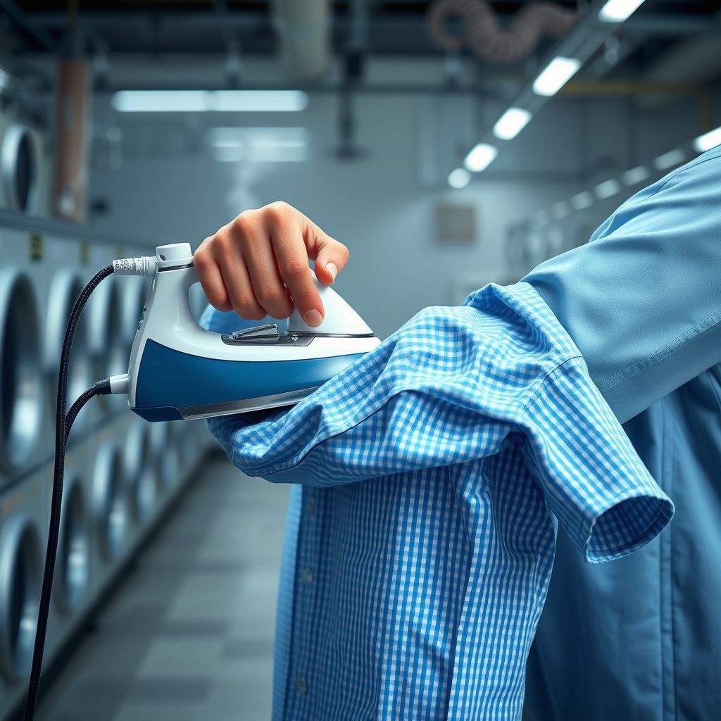 Une main saisit la poignée d'un fer à vapeur traditionnel, pressant avec assurance une chemise à carreaux bleue bien étalée, le tissu lisse brillant sous la vapeur. L'arrière-plan reflète une blanchisserie animée, avec un éclairage doux mettant en valeur l'action minutieuse. La personne porte un uniforme bleu clair, évoquant un cadre professionnel, soulignant le soin et la précision apportés. La scène transmet une atmosphère tranquille et concentrée, illustrant l'art de repasser parfaitement les vêtements.