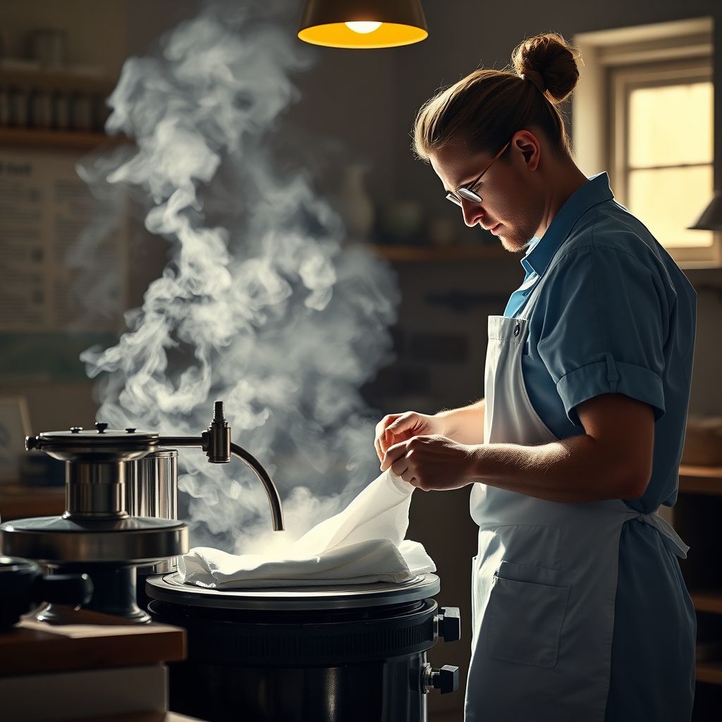 Une main saisit la poignée d'un fer à vapeur traditionnel, pressant avec assurance une chemise à carreaux bleue bien étalée, le tissu lisse brillant sous la vapeur. L'arrière-plan reflète une blanchisserie animée, avec un éclairage doux mettant en valeur l'action minutieuse. La personne porte un uniforme bleu clair, évoquant un cadre professionnel, soulignant le soin et la précision apportés. La scène transmet une atmosphère tranquille et concentrée, illustrant l'art de repasser parfaitement les vêtements.