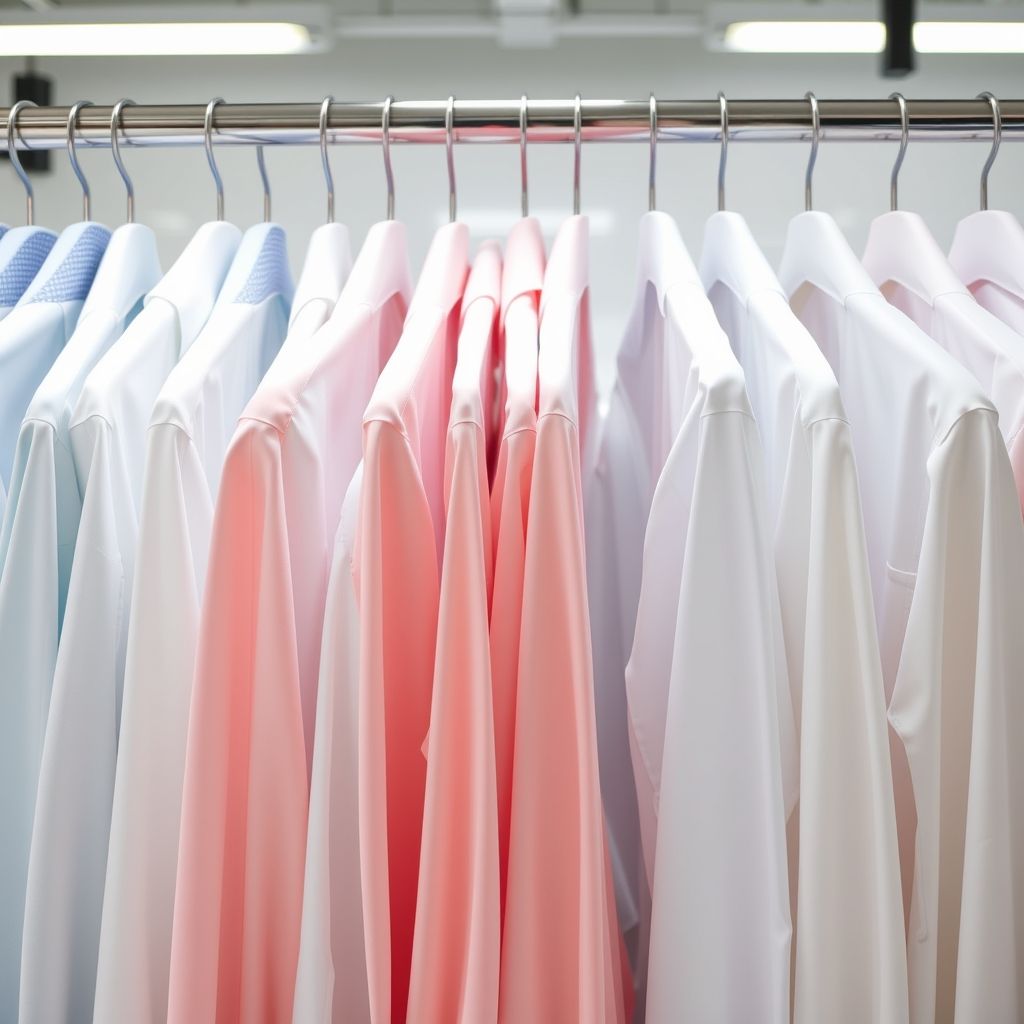 Une collection de chemises soigneusement suspendues, présentant une gamme de couleurs douces allant du bleu clair au rose, au blanc éclatant avec un col à motif. Les chemises sont bien ordonnées, reflétant un environnement professionnel de nettoyage textile avec un éclairage lumineux mettant en valeur la fraîcheur et la propreté des vêtements.